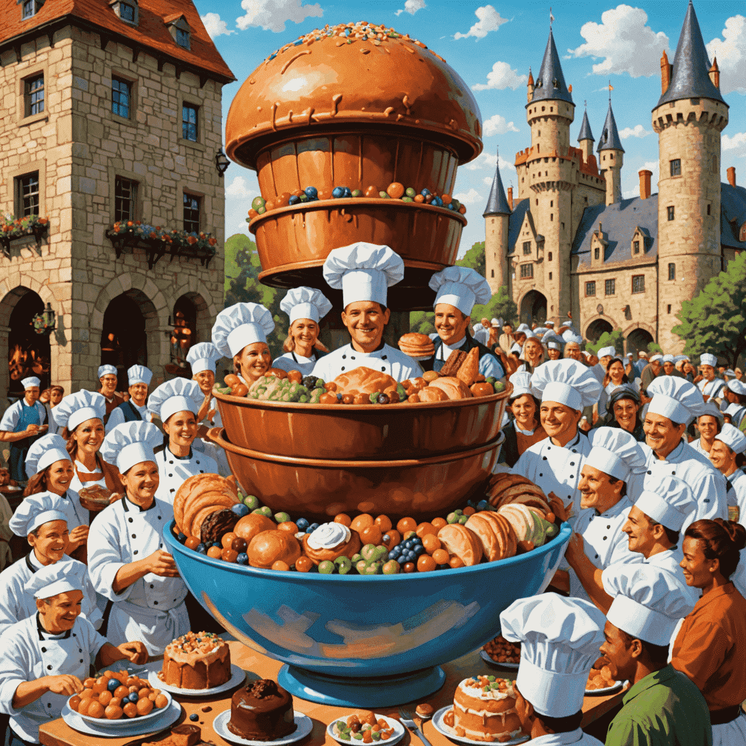 A whimsical illustration of a diverse group of people wearing chef hats, gathered around a giant mixing bowl filled with colorful ingredients. In the background, a castle-like structure made of cakes and pastries represents the game world of xboxpsvacation.