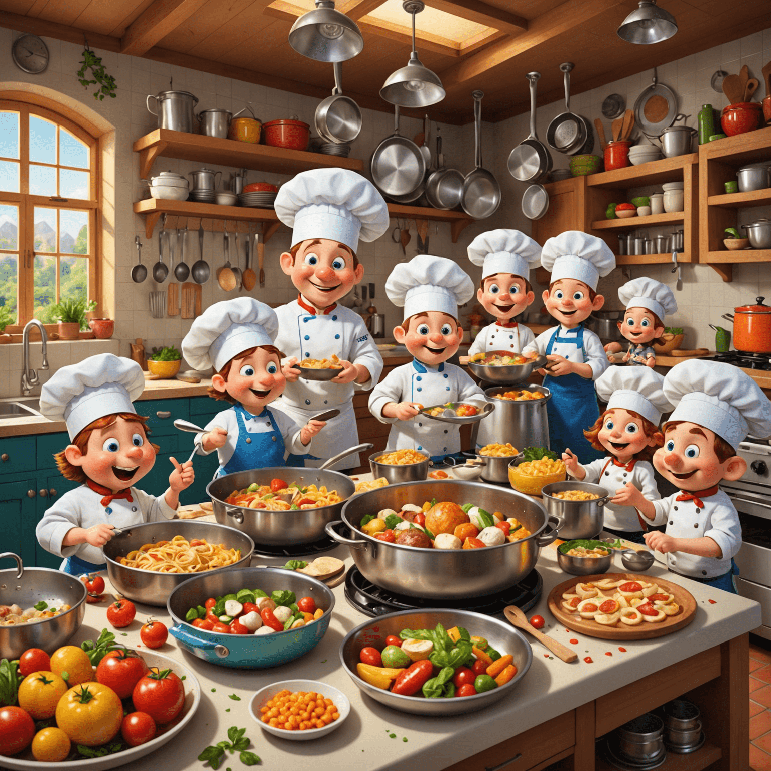 A colorful game scene showing various cartoon characters in chef hats preparing dishes in a whimsical kitchen. The kitchen is filled with floating ingredients and magical cooking utensils.