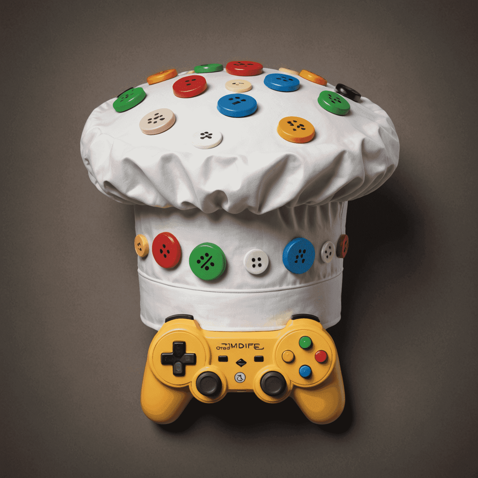 A whimsical illustration of a chef's hat with game controller buttons, symbolizing the fusion of gaming and cooking in xboxpsvacation