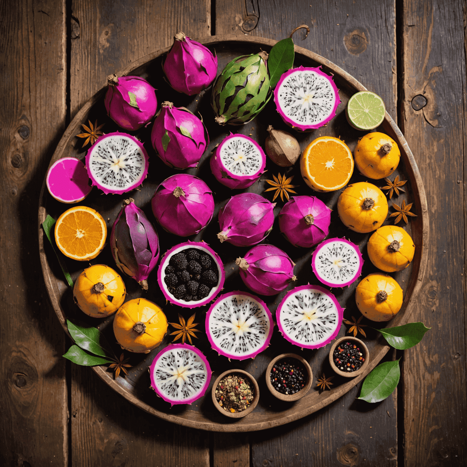 A vibrant spread of exotic ingredients including purple yams, dragon fruit, and rare spices arranged on a rustic wooden table