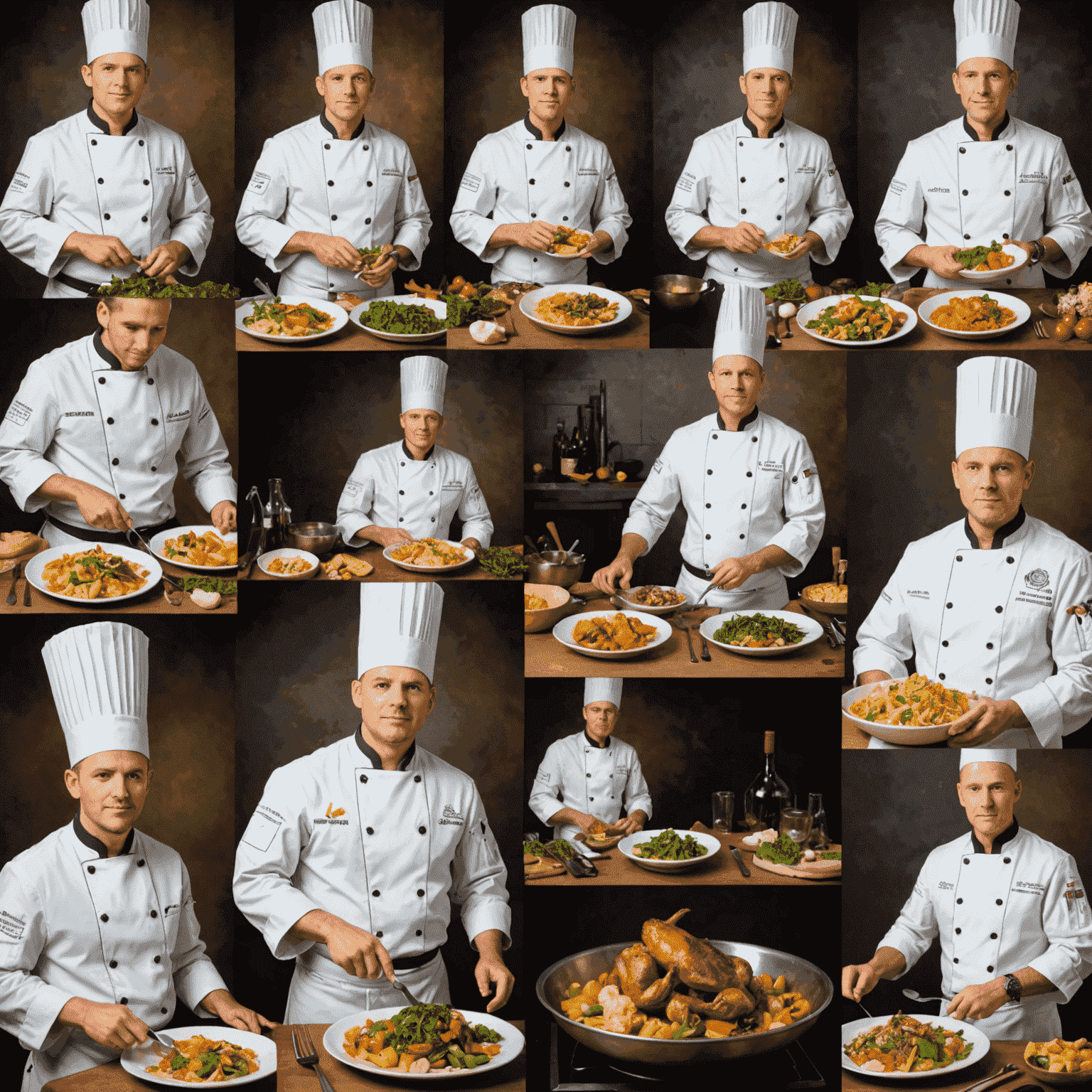 A collage showing the progression of a chef in xboxpsvacation, from a novice in plain clothes to a master chef in full regalia, surrounded by increasingly complex and beautiful dishes