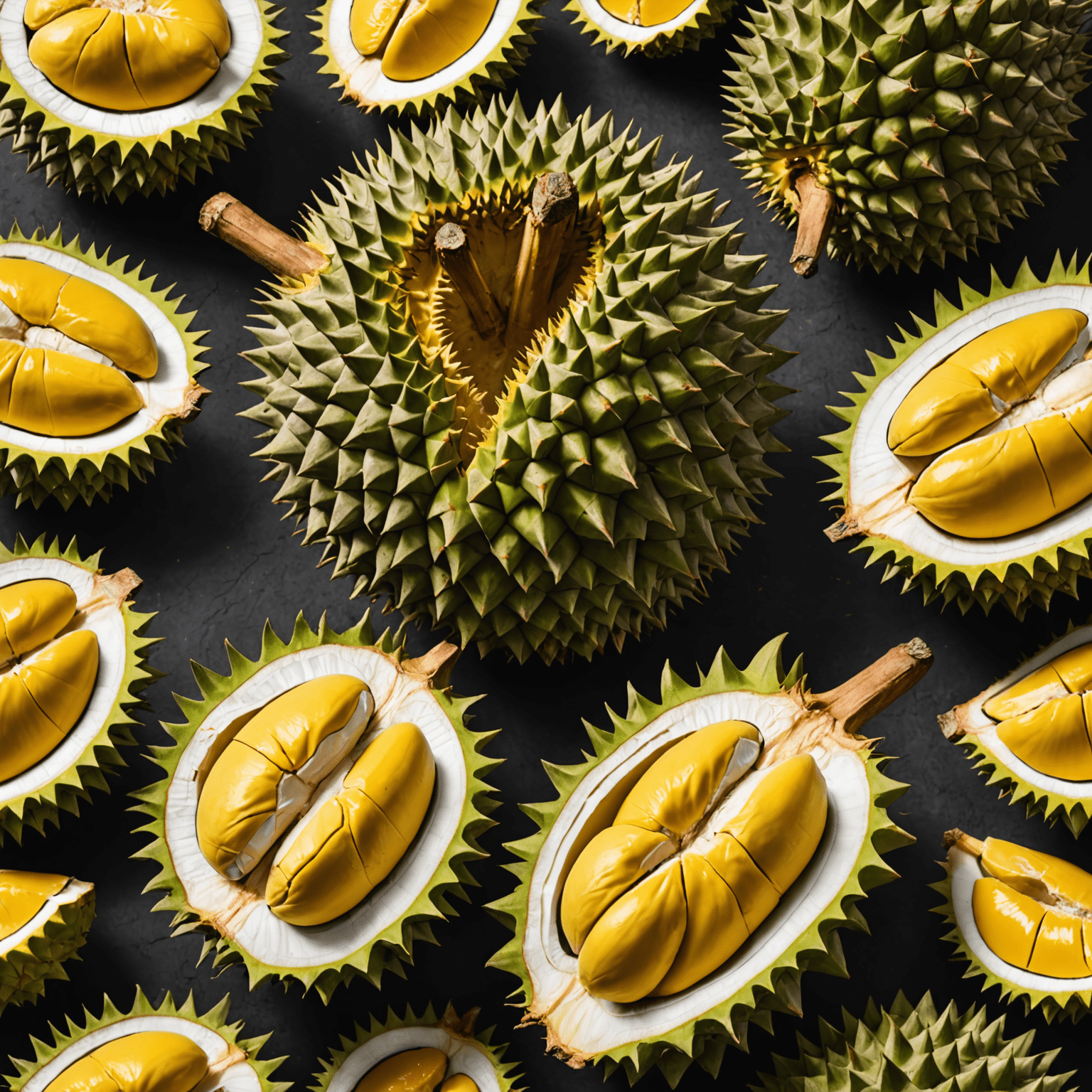 Whole and sliced durian fruit with its spiky exterior visible