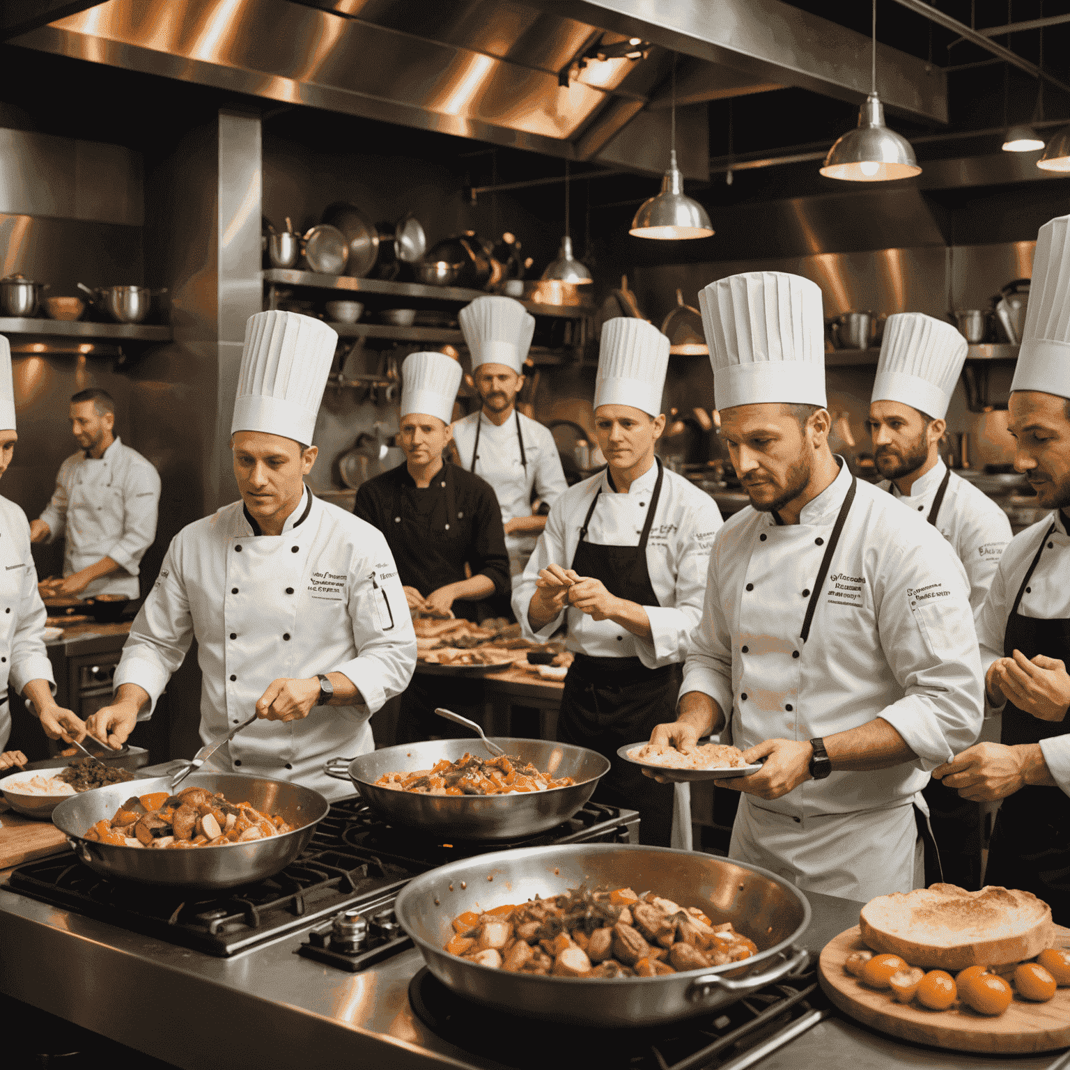 An exciting xboxpsvacation cooking competition scene with multiple chefs at their stations, preparing dishes under time pressure, with judges and a cheering virtual audience in the background.