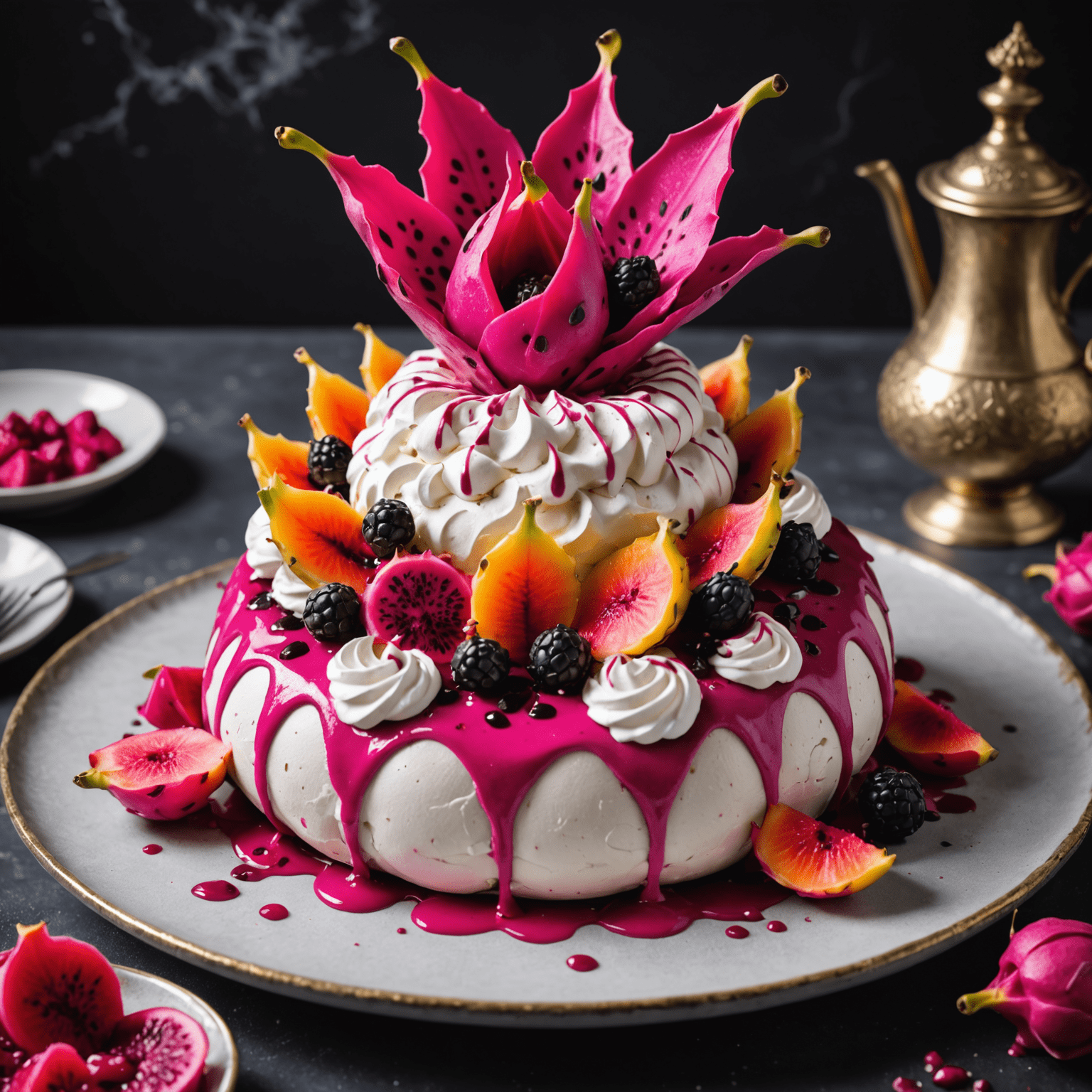 A beautifully plated dragon fruit pavlova with swirls of pink meringue and vibrant dragon fruit slices